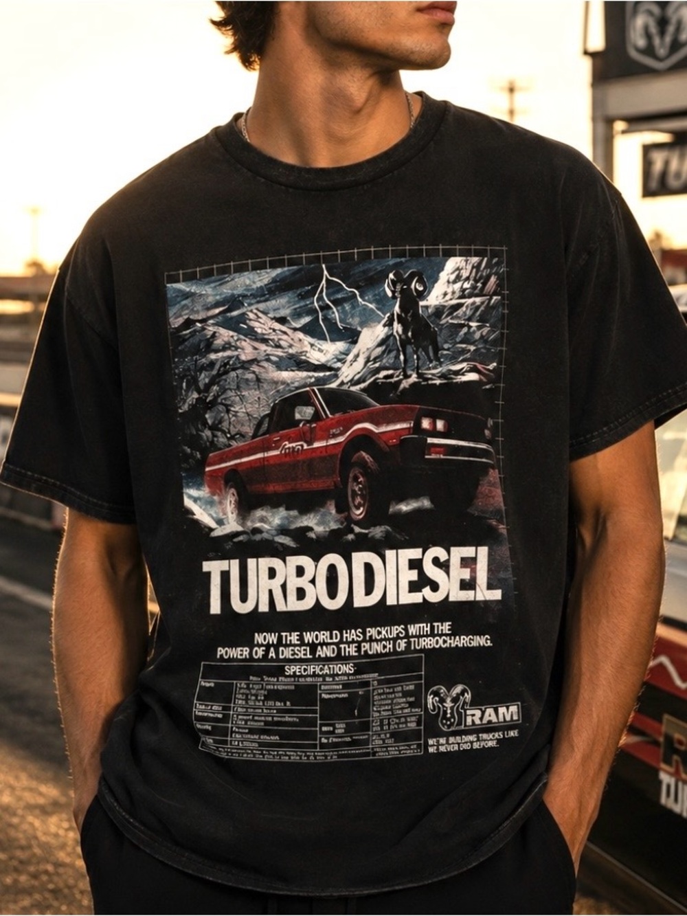 RAM Men's Size Large Turbo Diesel Retro Graphic‎ T-Shirt Black Distressed Wash